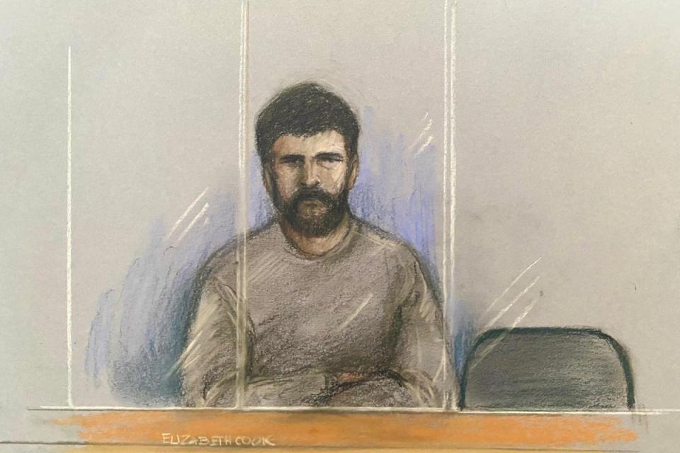 An artist’s impression of Joshua Bowles who is accused of stabbing a woman at a leisure centre in Cheltenham (Elizabeth Cook/PA) (PA Archive)