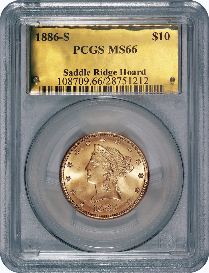 This image provided by the Saddle Ridge Hoard discoverers via Kagin's, Inc., shows one of the 1800s-era U.S. gold coins unearthed in California by two people who want to remain anonymous. The value of the "Saddle Ridge Hoard" treasure trove is estimated at $10 million or more. (AP Photo/Saddle Ridge Hoard discoverers via Kagin's, Inc.)