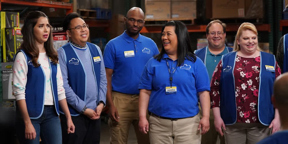 superstore    customer safari episode 520    pictured l r nichole bloom as cheyenne, nico santos as mateo, kaliko kauahi as sandra, kelly schumann as justine    photo by tyler goldennbc