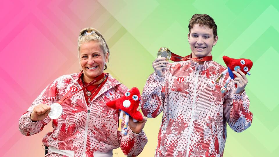 Para canoeist Brianna Hennessy, left, and swimmer Nicholas Bennett, right, were chosen as Canada's flag-bearers for the Paris Paralympics closing ceremony. (Getty Images/The Canadian Press/CBC Sports - image credit)