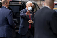 Democratic presidential candidate former Vice President Joe Biden arrives at The Queen theater in Wilmington, Del., Wednesday, Oct. 28, 2020. (AP Photo/Andrew Harnik)