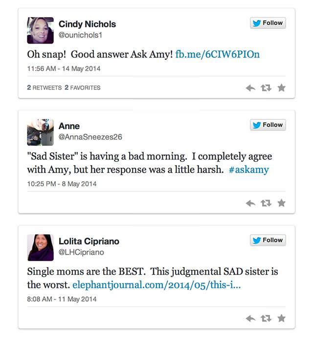 Some of the responses to the Ask Amy column. Photo: Twitter