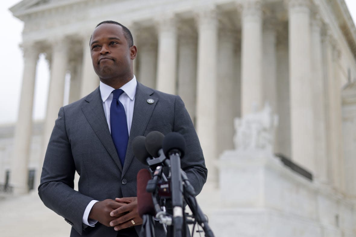 Kentucky Attorney General Daniel Cameron speaks to members of the press after the oral arguments of the Cameron v. EMW Women’s Surgical Center case were heard at the U.S. Supreme Court October 12, 2021 in Washington, DC. (Photo by Alex Wong/Getty Images)