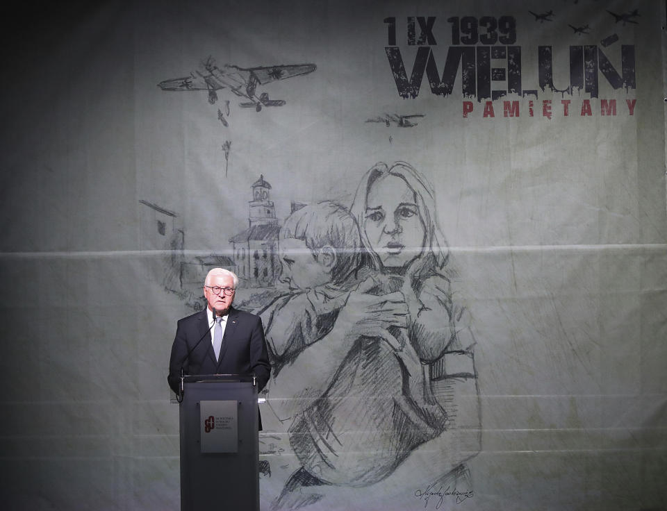 German President Frank-Walter Steinmeier speaks at the commemoration ceremony of the 80th anniversary of the start of World War II, in Wielun, Poland, Sunday, Sept. 1, 2019. (AP Photo/Czarek Sokolowski)