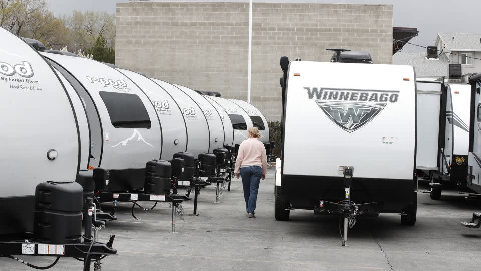 A Winnebago travel trailer at Motor Sportsland RV dealership in Salt Lake City on April 6, 2020. - George Frey/Bloomberg/Getty Images
