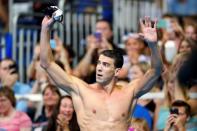 Jun 29, 2016; Omaha, NE, USA; Michael Phelps reacts after the finals for the men's 200 meter butterfly during the in the U.S. Olympic Swimming Team Trials at CenturyLink Center. Mandatory Credit: Rob Schumacher-USA TODAY Sports