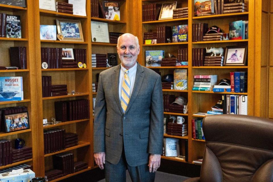 Chief U.S. Magistrate Judge Kendall J. Newman stands in his office at the Robert T. Matsui United States Courthouse on Tuesday, Jan. 23, 2024. Newman is retiring after 14 years on the bench following 15 years as an assistant U.S. attorney.
