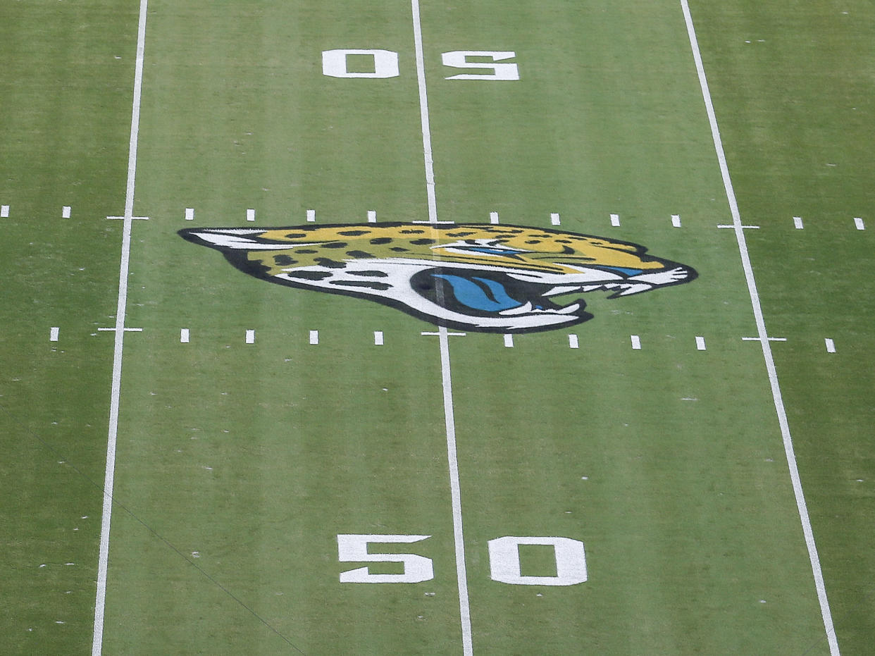 JACKSONVILLE, FL - SEPTEMBER 24: A general view of the Jaguars Logo at mid-field before the Jacksonville Jaguars host the Miami Dolphins on Thursday Night Football at TIAA Bank Field on September 24, 2020 in Jacksonville, Florida. (Photo by Don Juan Moore/Getty Images)