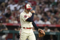 Los Angeles Angels starting pitcher Shohei Ohtani reacts after striking out Chicago White Sox's Josh Harrison to end the top of the fourth inning of a baseball game Wednesday, June 29, 2022, in Anaheim, Calif. (AP Photo/Jae C. Hong)