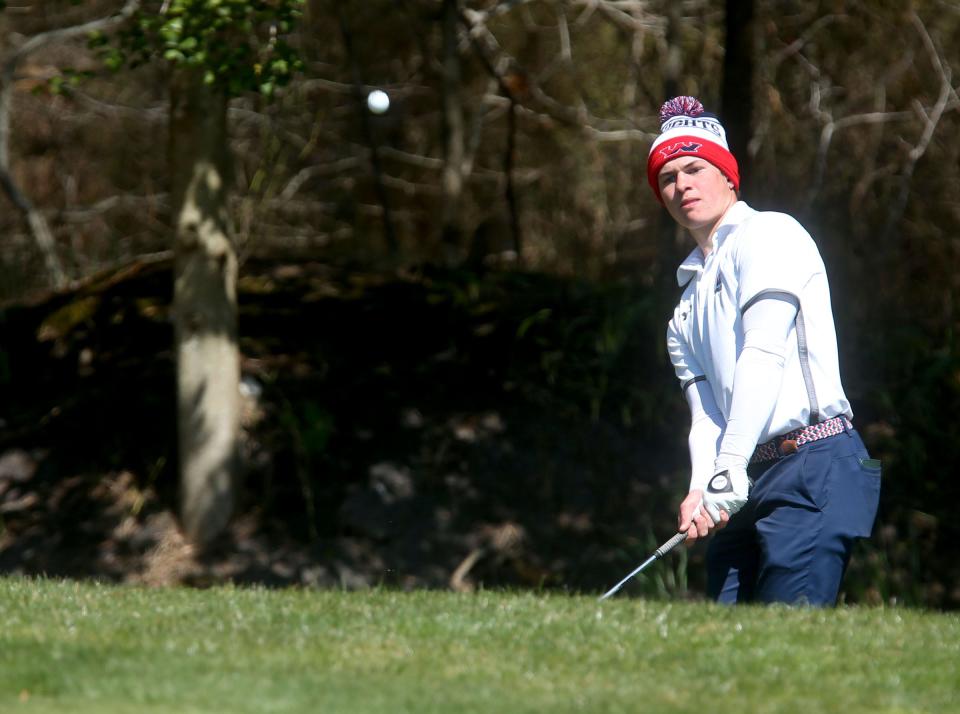 Wall's Pat Scenna watches his shot onto the 2nd hole green during the season-opening Wall Invitational boys high school golf tournament at Jumping Brook Country Club in Neptune Monday, March 27, 2023.