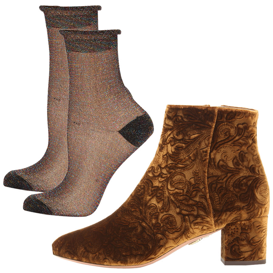 Velvet Brocade Boots + Sheer Metallic Socks