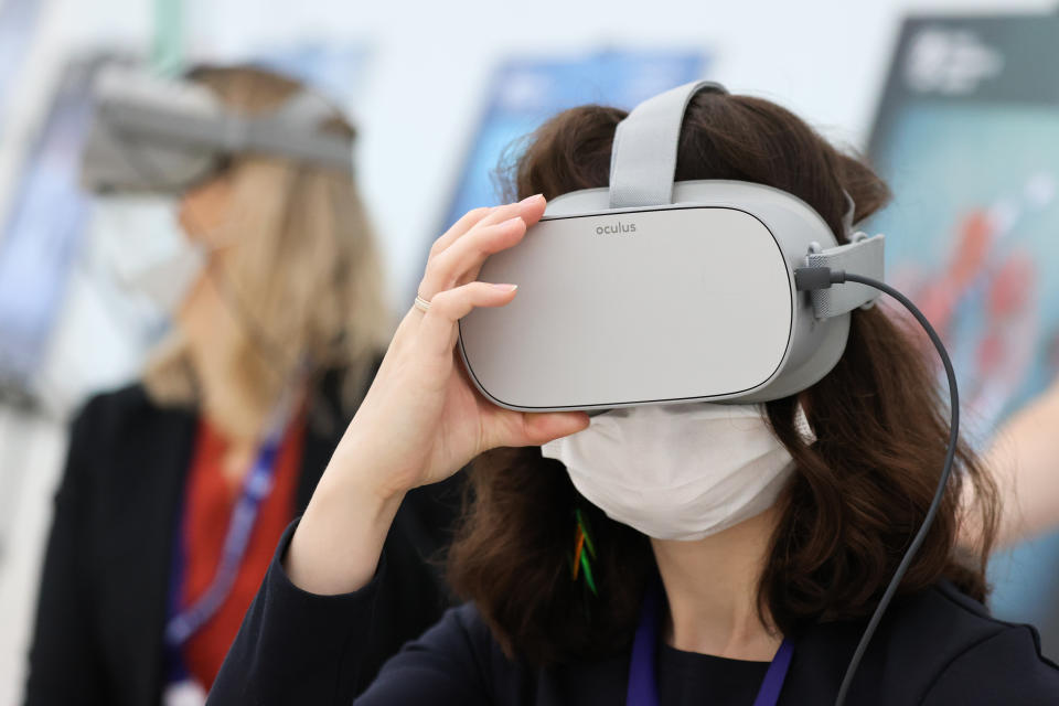 SIRIUS FEDERAL TERRITORY, RUSSIA  DECEMBER 10, 2021: A woman using a VR headset is seen during Young Scientists Congress at Sirius Science and Arts Park. Young Scientists Congress marks the finale of a campaign in support of Russian science and education. Russia has declared the year 2021 as the Year of Science and Technology. The congress, which runs from 8 to 10 December, is attended by more than 3,000 delegates from various regions of Russia. Dmitry Feoktistov/TASS (Photo by Dmitry Feoktistov\TASS via Getty Images)