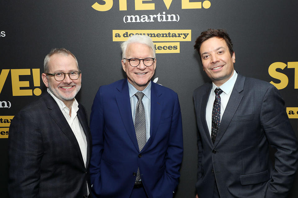 (L-R) Morgan Neville (Director, Producer), Steve Martin and Jimmy Fallon attends the Apple Original Films premiere of STEVE! (Martin) a documentary in 2 pieces at the Crosby Street Hotel in New York City.