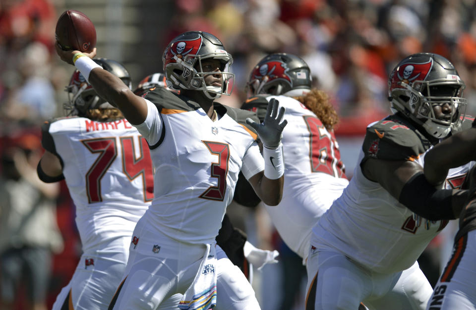 Tampa Bay Buccaneers quarterback Jameis Winston (3) throws a pass against the Cleveland Browns during the first half of an NFL football game Sunday, Oct. 21, 2018, in Tampa, Fla. (AP Photo/Jason Behnken)