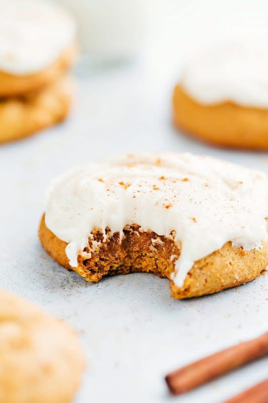 <p>Chelsea's Messy Apron</p><p>These soft, thick and sweet pumpkin cookies will be a hit wherever you serve them!</p><p><strong>Get the recipe: <em><a href="https://www.chelseasmessyapron.com/bakery-pumpkin-cookies/" rel="nofollow noopener" target="_blank" data-ylk="slk:Bakery Style Pumpkin Cookies;elm:context_link;itc:0;sec:content-canvas" class="link rapid-noclick-resp">Bakery Style Pumpkin Cookies</a></em></strong></p>