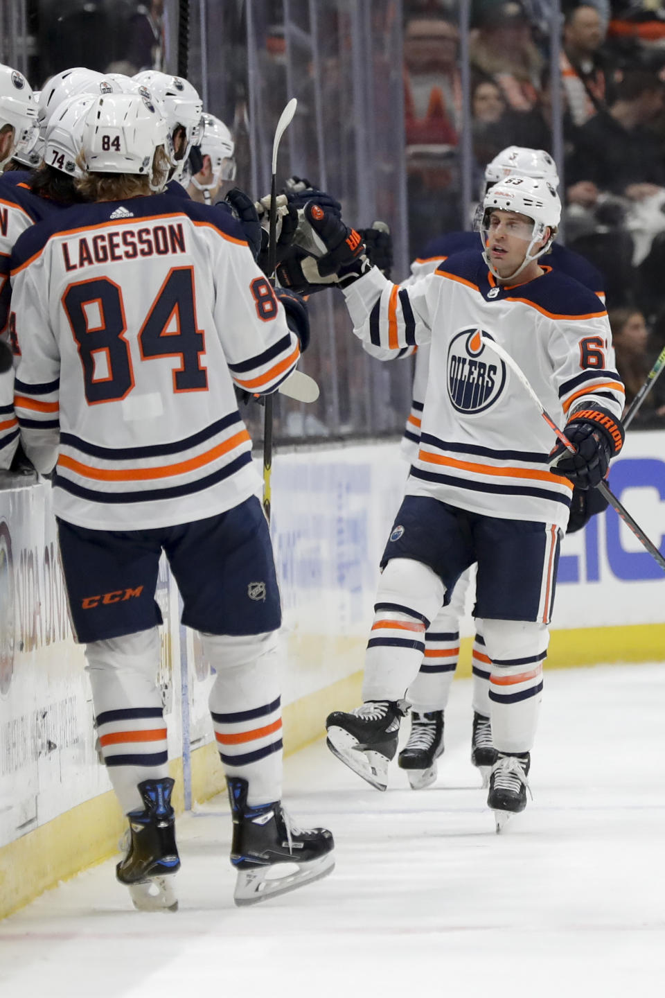 Edmonton Oilers center Tyler Ennis celebrates after scoring during the second period of an NHL hockey game in Anaheim, Calif., Tuesday, Feb. 25, 2020. (AP Photo/Chris Carlson)