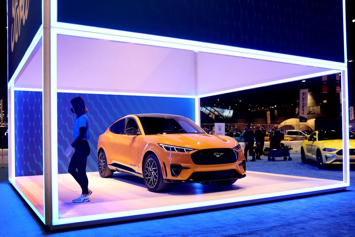 Ford shows off the 2021 Mustang Mach-E GT during the Chicago Auto Show at McCormick Place convention center on February 10, 2022 in Chicago, Illinois.