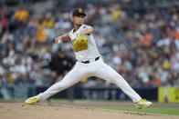 San Diego Padres starting pitcher Yu Darvish works against a Cincinnati Reds batter during the first inning of a baseball game, Tuesday, April 30, 2024, in San Diego. (AP Photo/Gregory Bull)