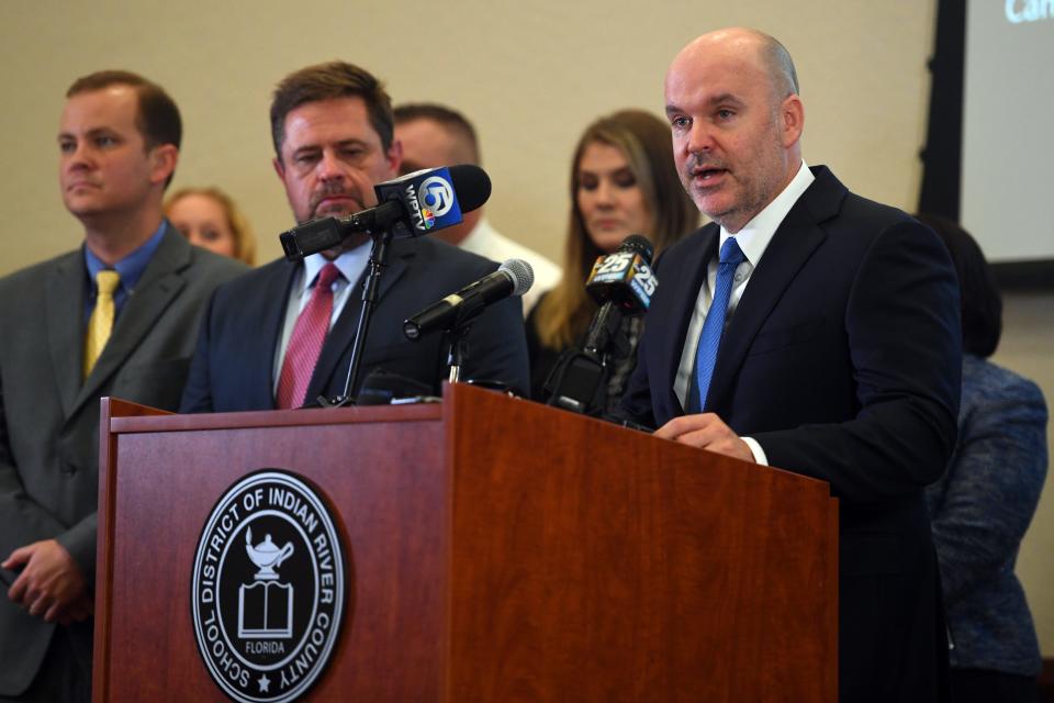 Dr. David Moore, superintendent of Indian River County School District, addresses the media, district staff and parents on Friday, March 13, 2020, during a press conference at the district offices concerning the steps and precautions the district is making in the wake of the spread of COVID-19, or coronavirus, across the state. In case of a school shutdown, the district is ready to deploy devices to students to stay connected to teachers and assignments, Moore said. The district is also preparing to continue offering free-and-reduced lunches. Currently, there are no cases of coronavirus in the district.