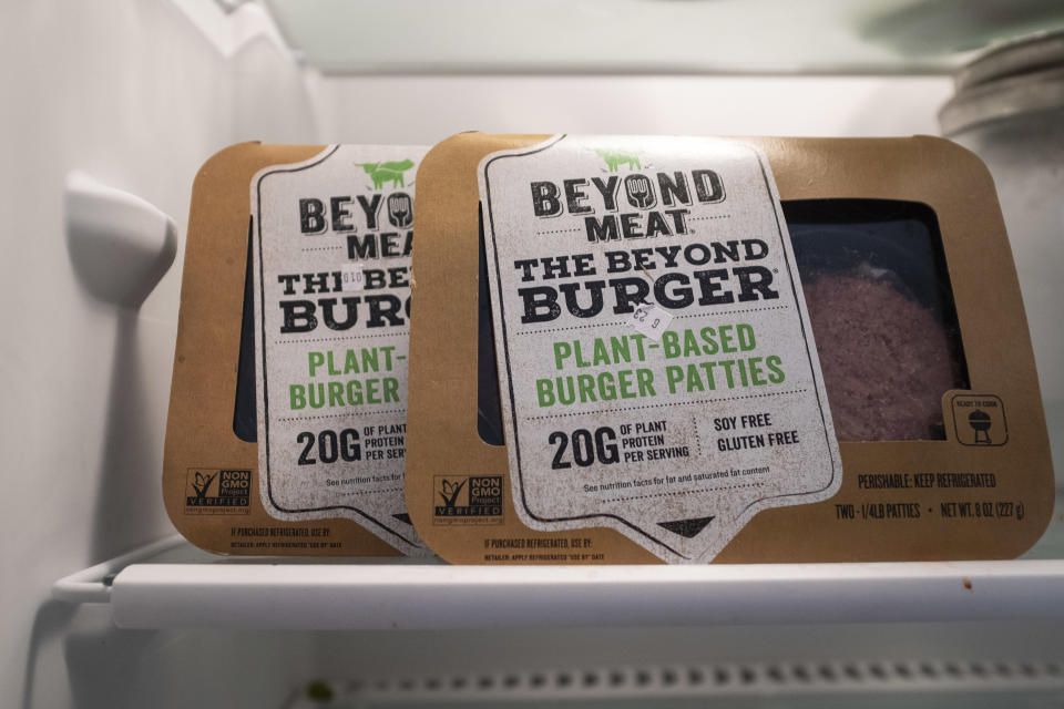 NEW YORK, NY - JUNE 13: In this photo illustration, packages of Beyond Meat "The Beyond Burger" sit in a refrigerator, June 13, 2019 in the Brooklyn borough of New York City. Since going public in early May, Beyond Meat's stock has soared more than 450 percent and its market value is over $8 billion. Beyond Meat is a Los Angeles-based producer of plant-based meat substitutes, including vegan versions of burgers and sausages.  (Photo Illustration by Drew Angerer/Getty Images)