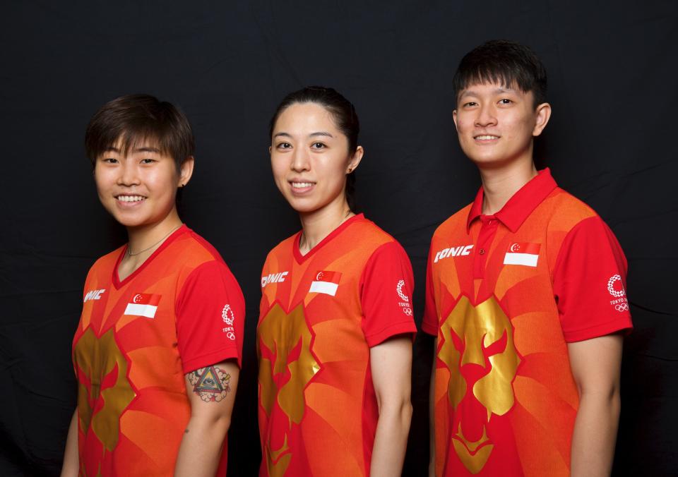 Singapore's Olympic-bound table tennis players (from left) Lin Ye, Yu Mengyu and Clarence Chew. A fourth paddler, Feng Tianwei, is based in Japan. (PHOTO: Singapore Table Tennis Association)