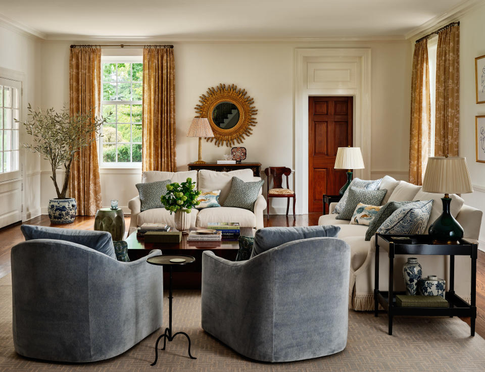 For Emily Sturgess, paying homage to the history and character of a 1930s Long Island home was essential—but being that its owners were a young family, the living room’s sofas and chairs were covered in Perennials performance fabrics to ensure the room can take on anything. Antiques and vintage pieces were mixed in to ground the expansive space and give it gravitas.