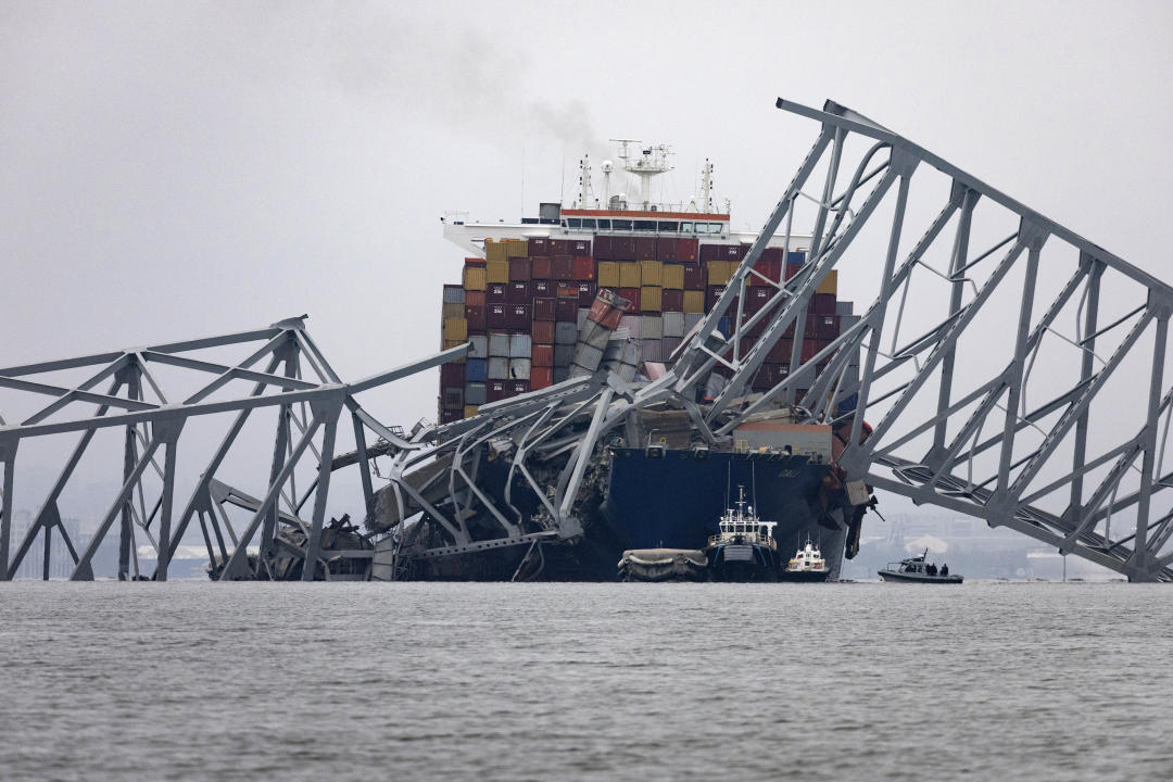 A view of the cargo ship Dali after it collided with the Francis Scott Key Bridge on Tuesday