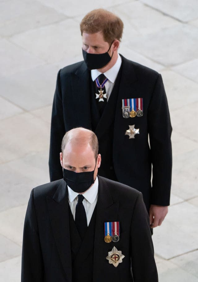 The Duke of Cambridge, followed by the Duke of Sussex, entering St George’s Chapel, Windsor Castle, for the funeral of the Duke of Edinburgh 