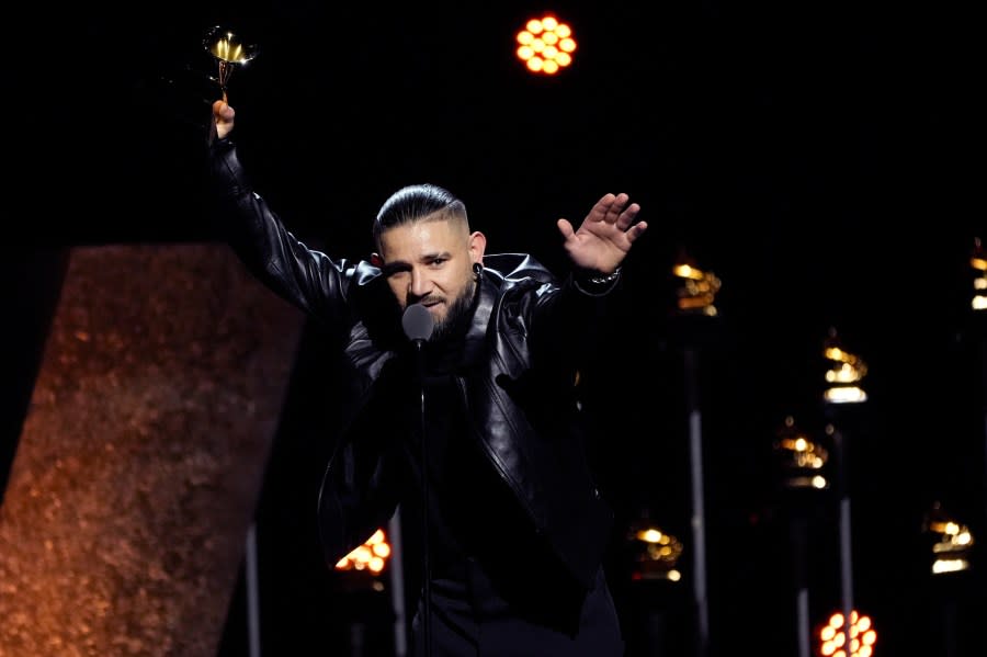 Skrillex accepts the award for best dance/electronic recording for “Rumble” during the 66th annual Grammy Awards on Sunday, Feb. 4, 2024, in Los Angeles. (AP Photo/Chris Pizzello)