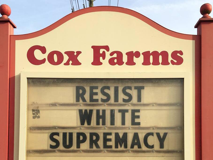 A 'Resist white supremacy' sign at Cox Farms in Virginia: Cox Farms