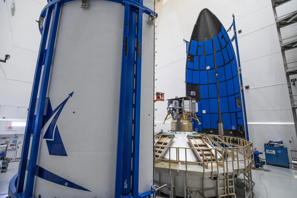In this photo provided by United Launch Alliance, the Astrobotic Peregrine lunar lander is prepared for encapsulation in a payload fairing for launch atop a United Launch Alliance Vulcan rocket in Cape Canaveral, Fla., in December 2023. The expected launch date is Monday, Jan. 8, 2024. (United Launch Alliance via AP)