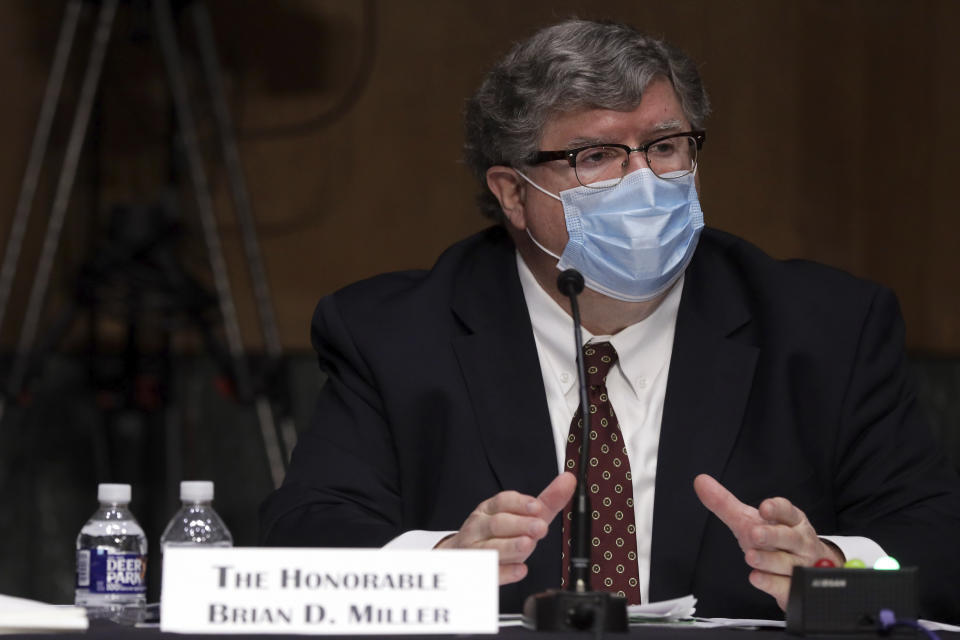 Brian Miller who is nominated to be Department of the Treasury Special Inspector General for Pandemic, testifies before a hearing of Senate Banking, Housing, and Urban Affairs Committee on Capitol Hill in Washington, Tuesday, May 5, 2020. (Alex Wong/Pool via AP)