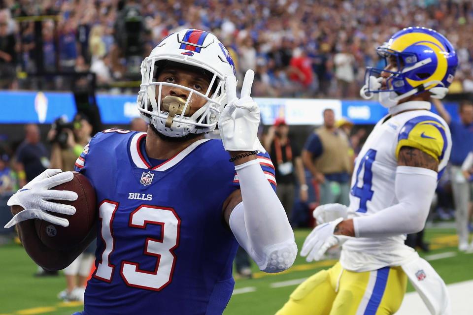 Buffalo Bills receiver Gabe Davis celebrates after scoring a 26-yard touchdown against the Los Angeles Rams. (Photo by Harry How/Getty Images)