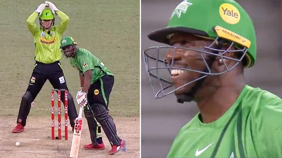 Seen here, Melbourne Stars batter Andre Russell laughs at his fortune in the Big Bash.