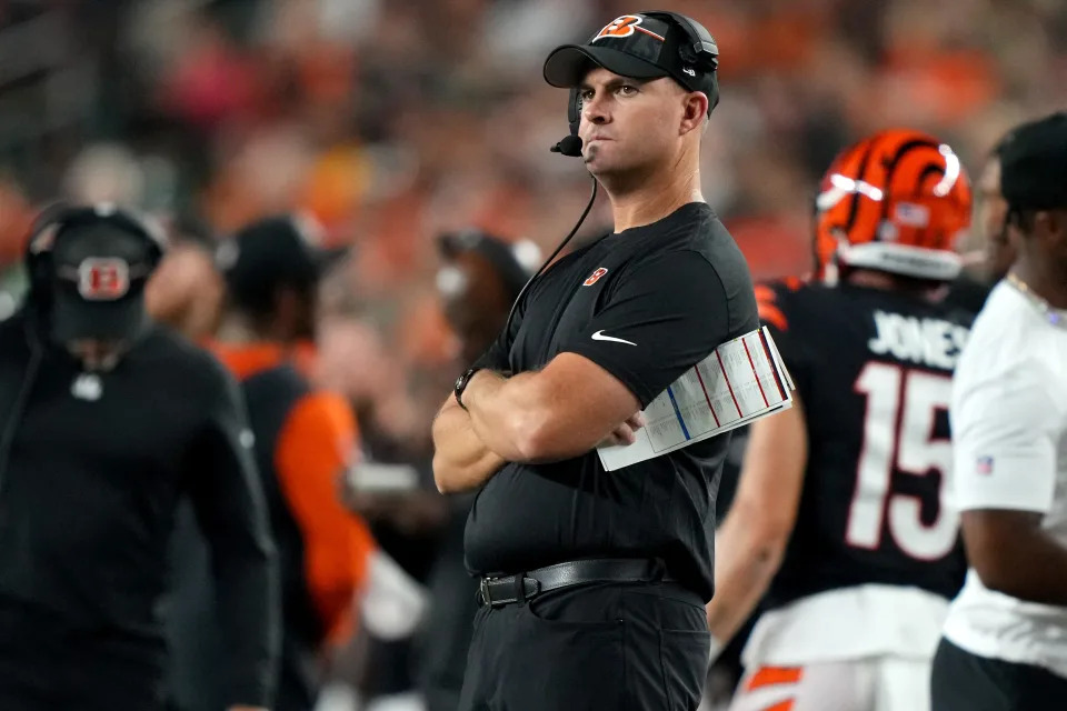 Cincinnati Bengals head coach Zac Taylor observes play in the third quarter during a Week 1 NFL preseason game between the Green Bay Packers and the Cincinnati Bengals, Friday, Aug. 11, 2023, at Paycor Stadium in Cincinnati.