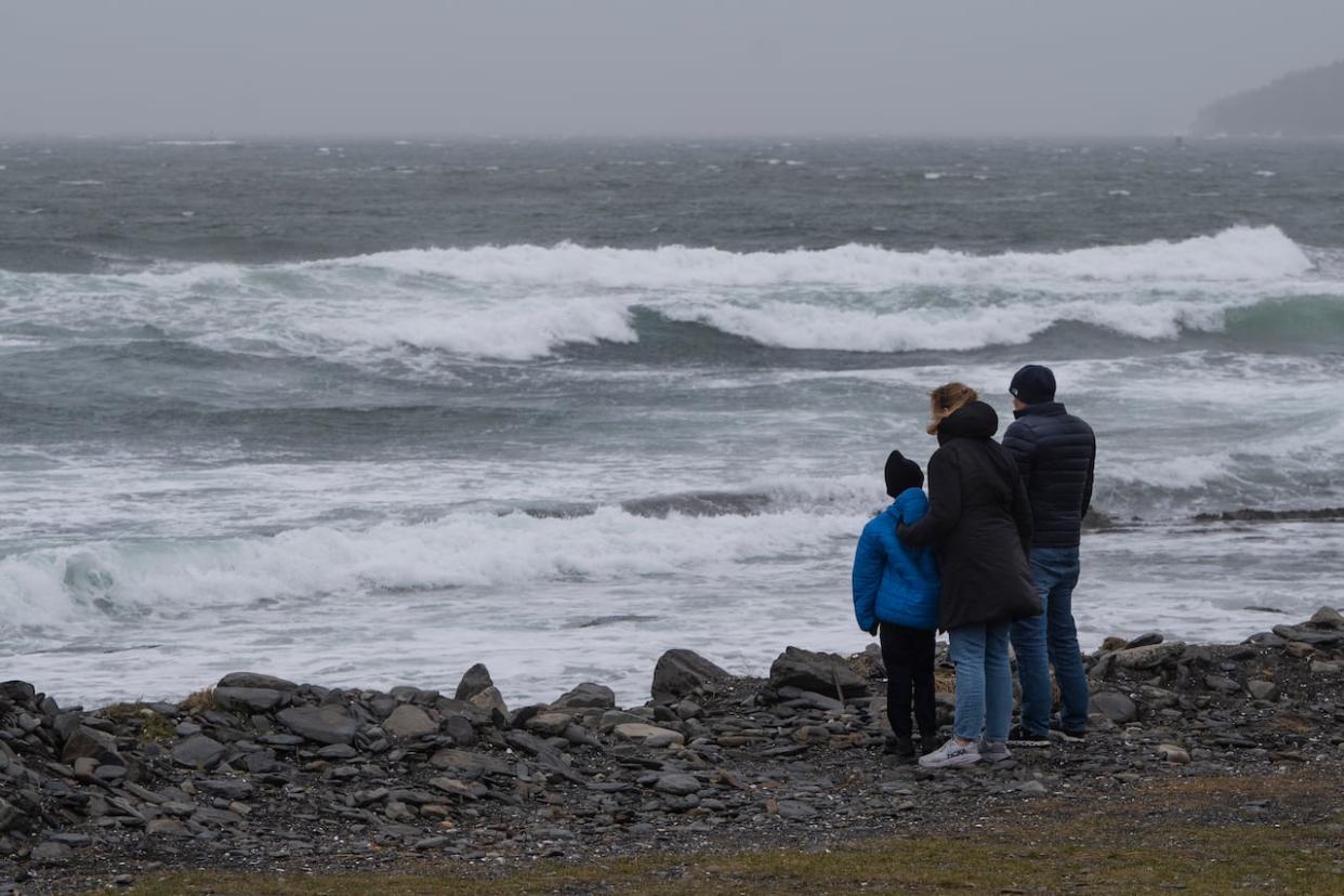 People watch as waves crash near Point Pleasant Park in Halifax on Monday. Heavy rain and winds gusting over 100 km/h are still in the forecast for parts of Cape Breton on Tuesday. (Darren Calabrese/The Canadian Press - image credit)