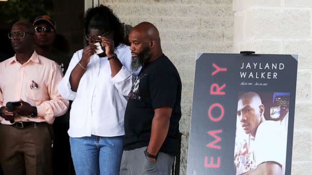 PHOTO: Family members of Jayland Walker stand behind the podium during a press conference in Akron, Ohio, July 11, 2022. (Karen Schiely/Akron Beacon Journal via USA Today Network, FILE)