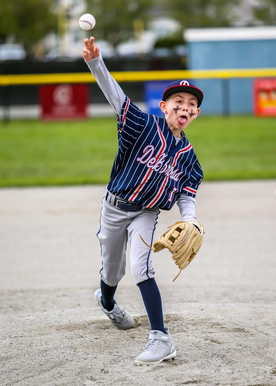 Jaiden Hebert of DeBross Oil is the picture of intensity as he releases a pitch for the Oilers during a game at Whaling City Youth Baseball.