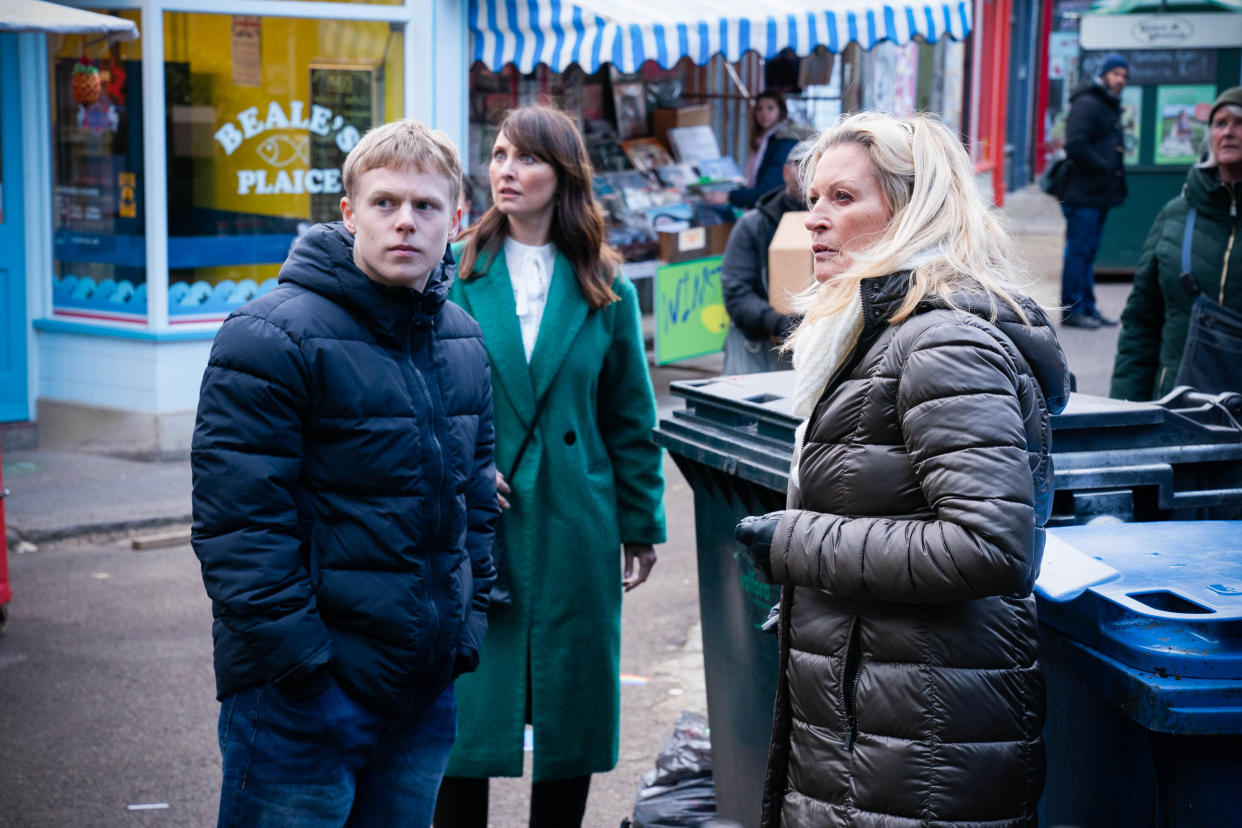 WARNING: Embargoed for publication until 00:00:01 on 25/01/2022 - Programme Name: EastEnders - January-March 2022 - TX: 04/02/2022 - Episode: EastEnders - January-March 2022 - 6429 (No. 6429) - Picture Shows: ***EMBARGOED TILL TUESDAY 25TH JANUARY 2022*** Bobby Beale (CLAY MILNER RUSSELL), Honey Mitchell (EMMA BARTON), Kathy Beale (GILLIAN TAYLFORTH) - (C) BBC - Photographer: Kieron McCarron/Jack Barnes