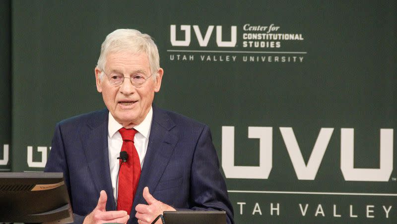 Harvey Mansfield addresses Utah Valley University students and faculty in the Clarke Building on Oct. 25, 2023. 