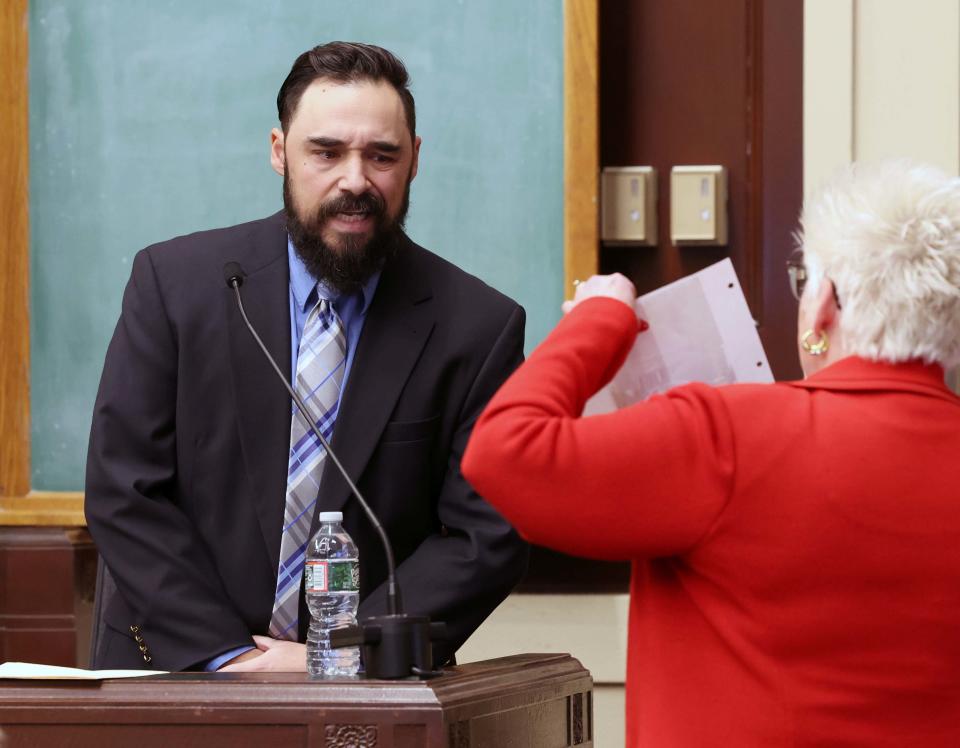 Defense lawyer Rosemary Scapicchio questions Plymouth County district attorney's office Digital Evidence Specialist Shawn Marucci during the murder trial of Jackie Mendes of Fall River at Brockton Superior Court on Monday, Dec. 4, 2023.