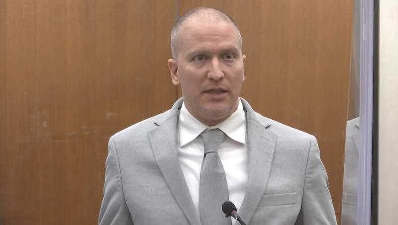 In this image taken from video, former Minneapolis police Officer Derek Chauvin addresses the court as Hennepin County Judge Peter Cahill presides over Chauvin's sentencing.