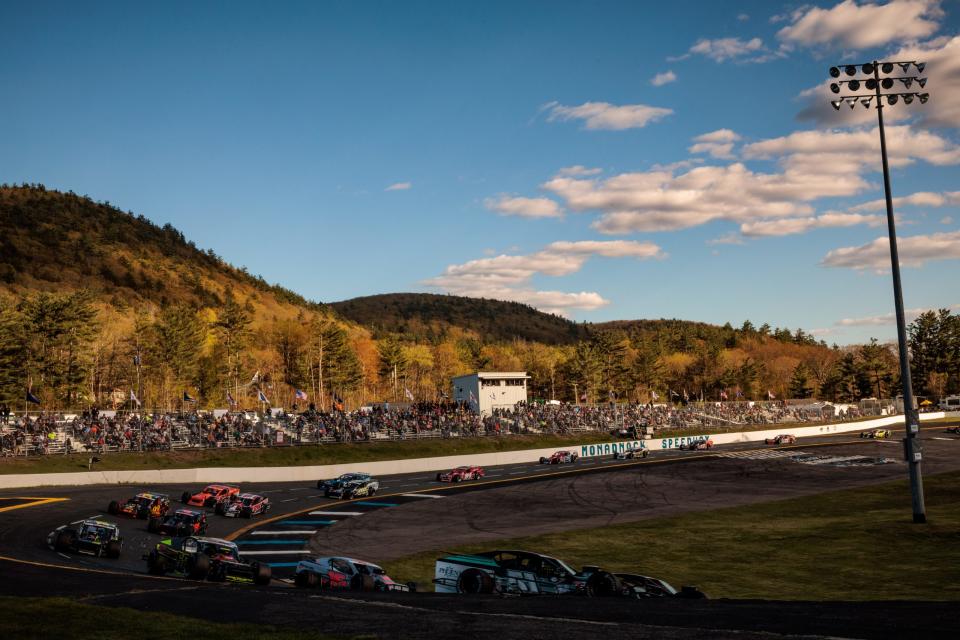 A general view of racing during the Duel at the Dog 200 for the NASCAR Whelen Modified Tour at Monadnock Speedway in Winchester, New Hampshire on May 6, 2023. (Nick Grace/NASCAR)