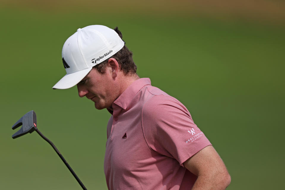 Nick Dunlap of the United States reacts to his putt on the fourth green during the first round of The Genesis Invitational at Riviera Country Club on February 15, 2024 in Pacific Palisades, California. (Photo by Harry How/Getty Images)