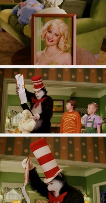 The Cat's hat stands tall when he sees a picture of an attractive woman in the Cat in the Hat