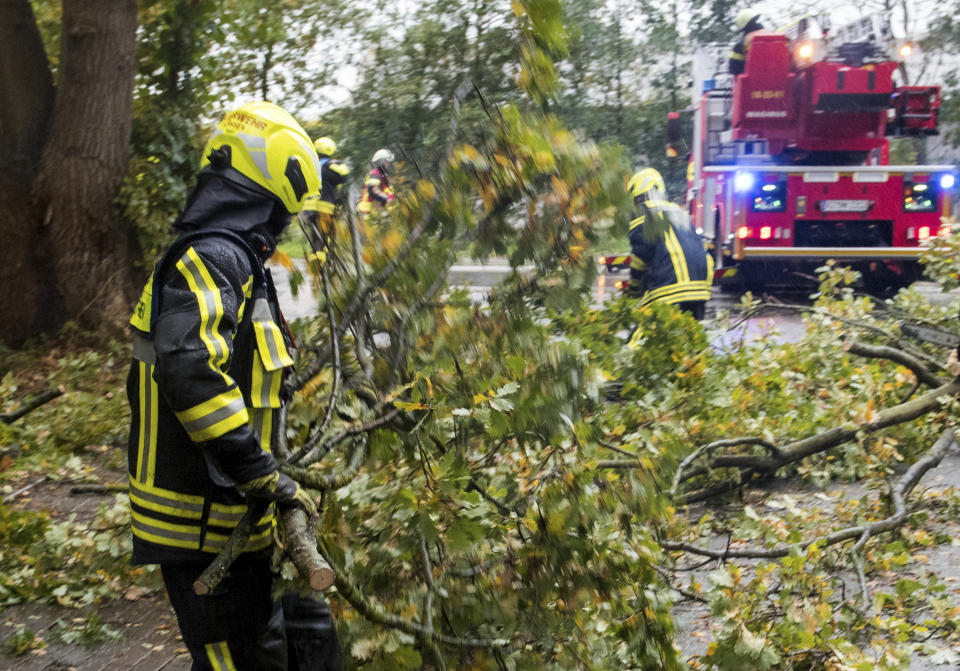 A firefighter removes fallen trees from a road in Hamburg, Germany, Thursday, Oct. 21, 2021. Northern Germany was hit by storm and heavy rain falls. (Daniel Bockwoldt/dpa via AP)