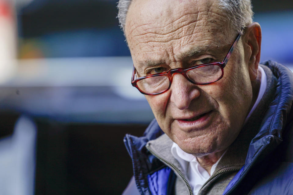 Senate Minority Leader Chuck Schumer, D-N.Y., speaks to reporters during a news conference, Tuesday, Jan. 12, 2021, in New York. (AP Photo/Mary Altaffer)