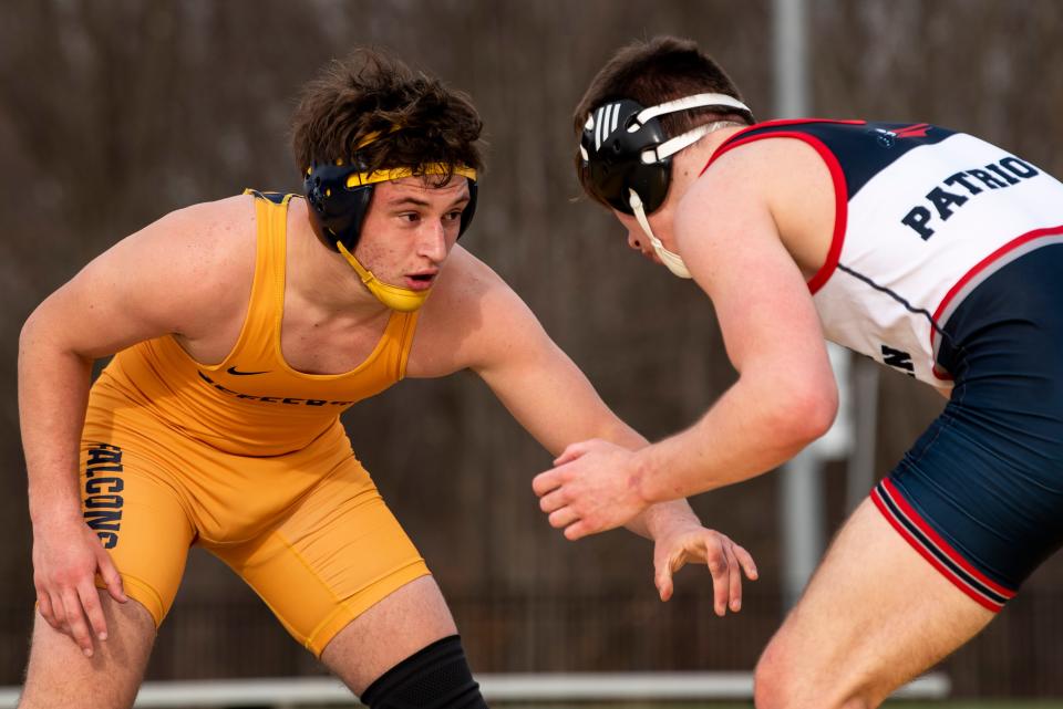 Jefferson Township High School hosts North Warren in Morris County's first outdoor wrestling match in Oak Ridge on Thursday March 25, 2021. North Warren’s Austin Collett wrestles Jefferson’s Larry DiBiase in a 170 pound match. 