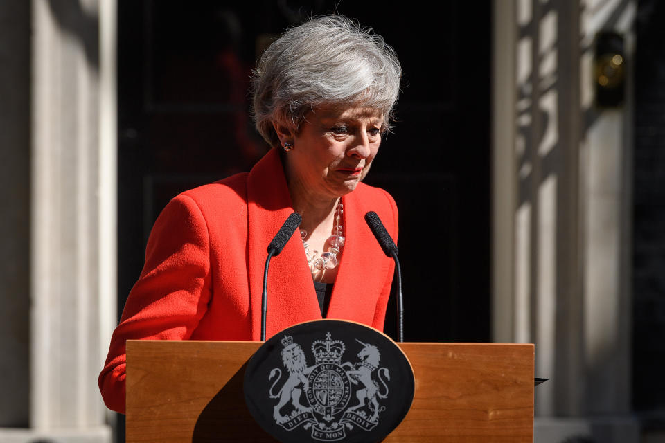 LONDON, ENGLAND - MAY 24: Prime Minister Theresa May makes a statement outside 10 Downing Street on May 24, 2019 in London, England. The prime minister has announced that she will resign on Friday, June 7, 2019.  (Photo by Leon Neal/Getty Images)