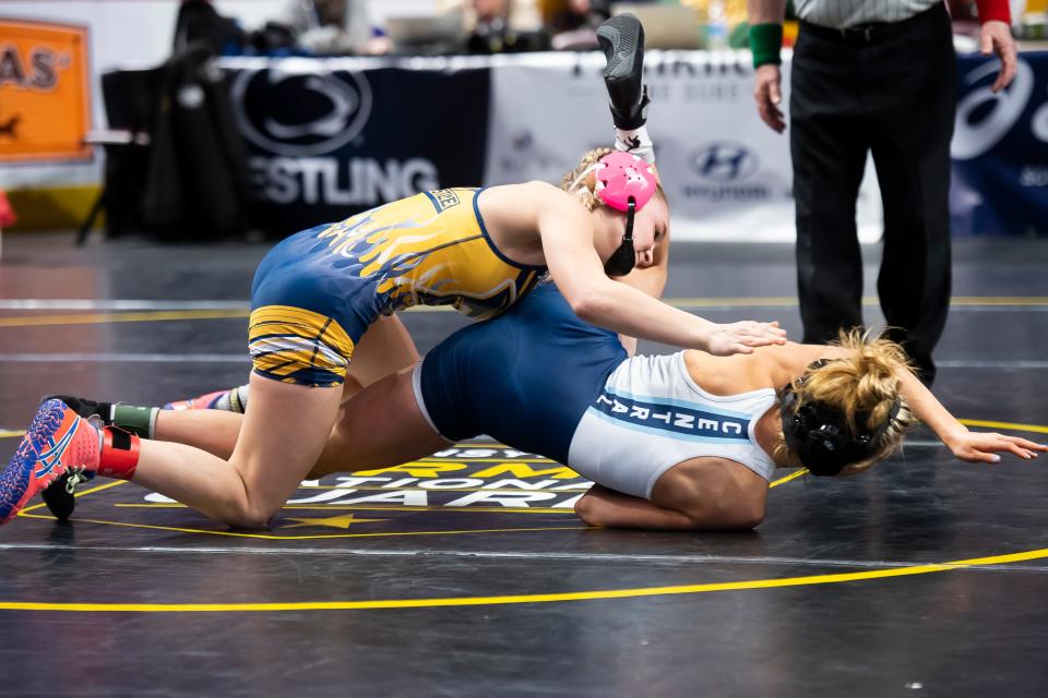 Elco's Kylee Trostle (top) won the district championship at 112 pounds in the inaugural season of girls' wrestling and finished sixth in the state.